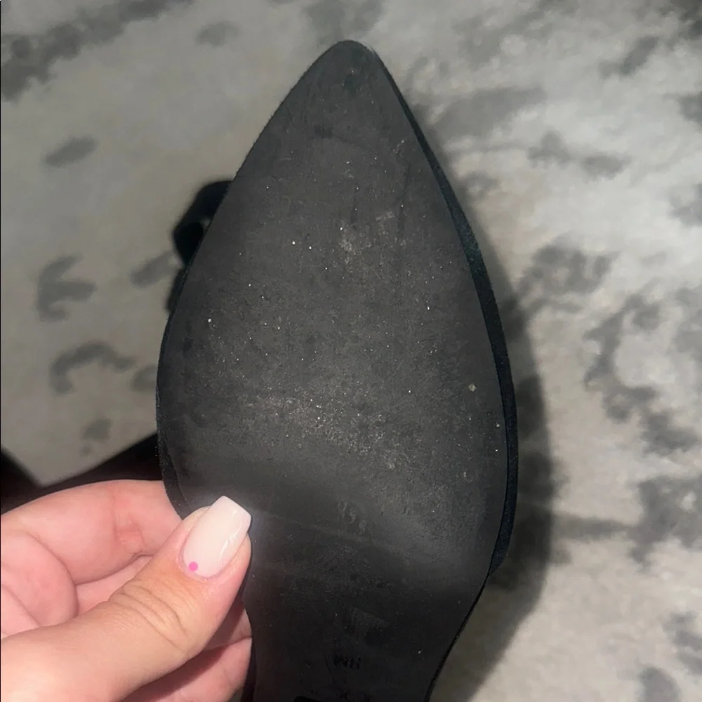 Joe’s Jeans black suede pointy closed toe ankle strap Betty heels